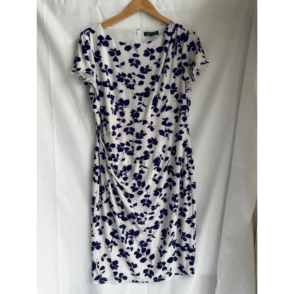 Lauren Ralph Lauren Navy White Floral Ruched Sheath Dress 16 Short Sleeve